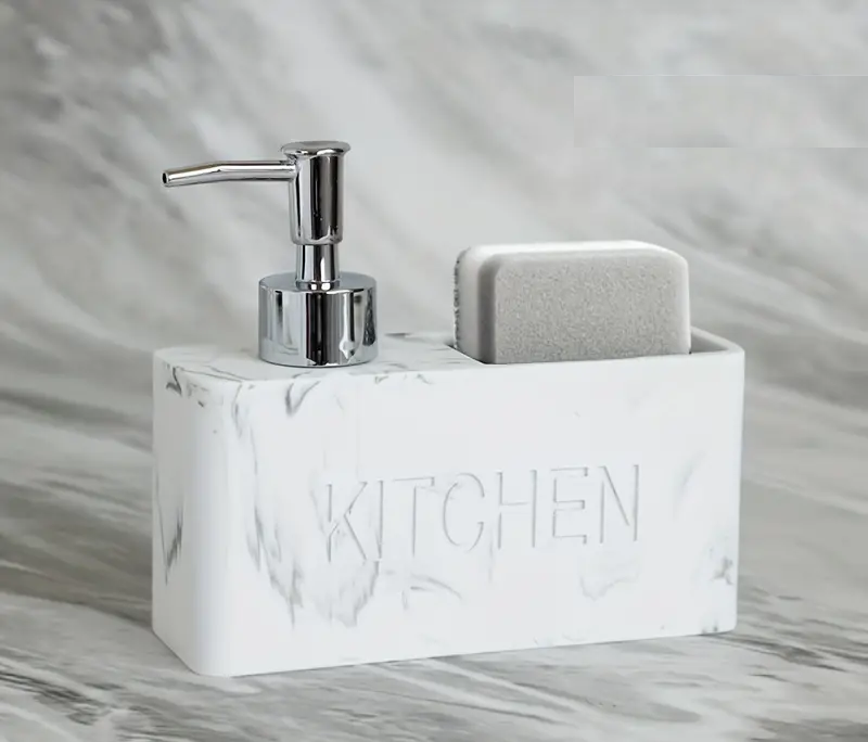 Distributeur de savon avec porte eponge blanc imitation marbre