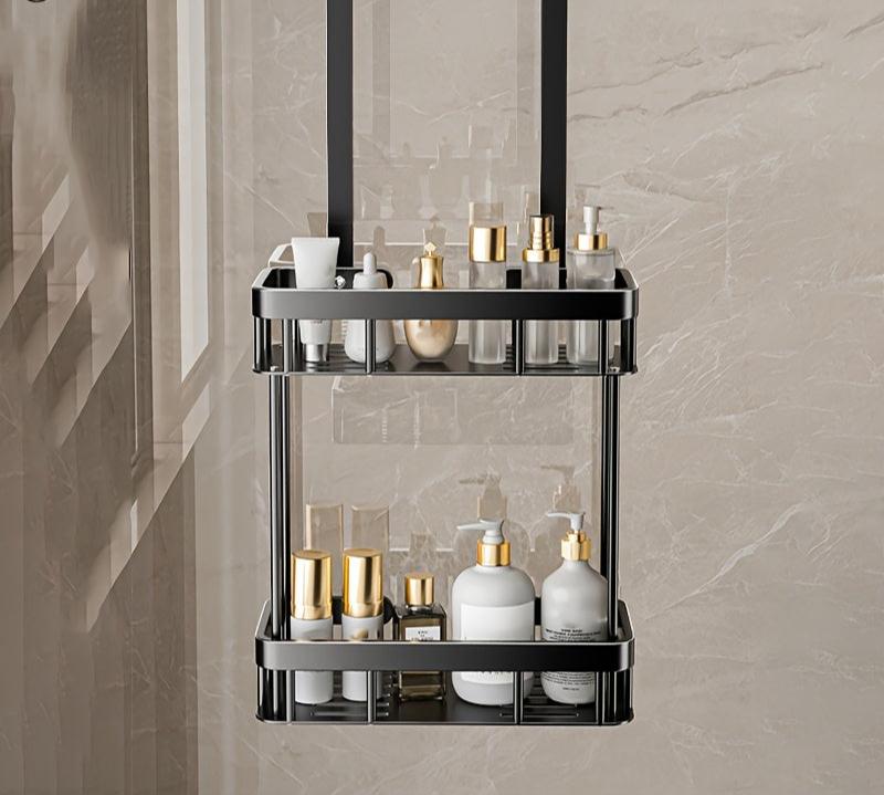 Étagère de douche à deux étages pour produits d'hygiène sur paroi de douche