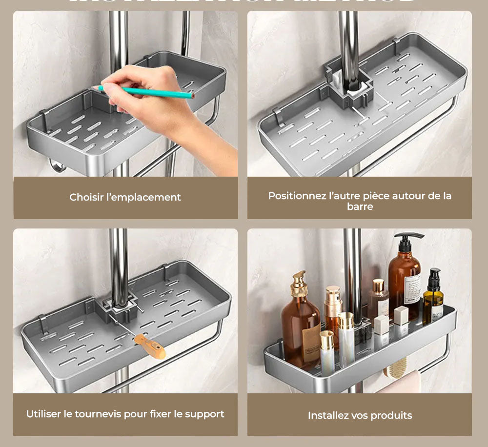 installation etagere de douche sur barre de douche sans percage