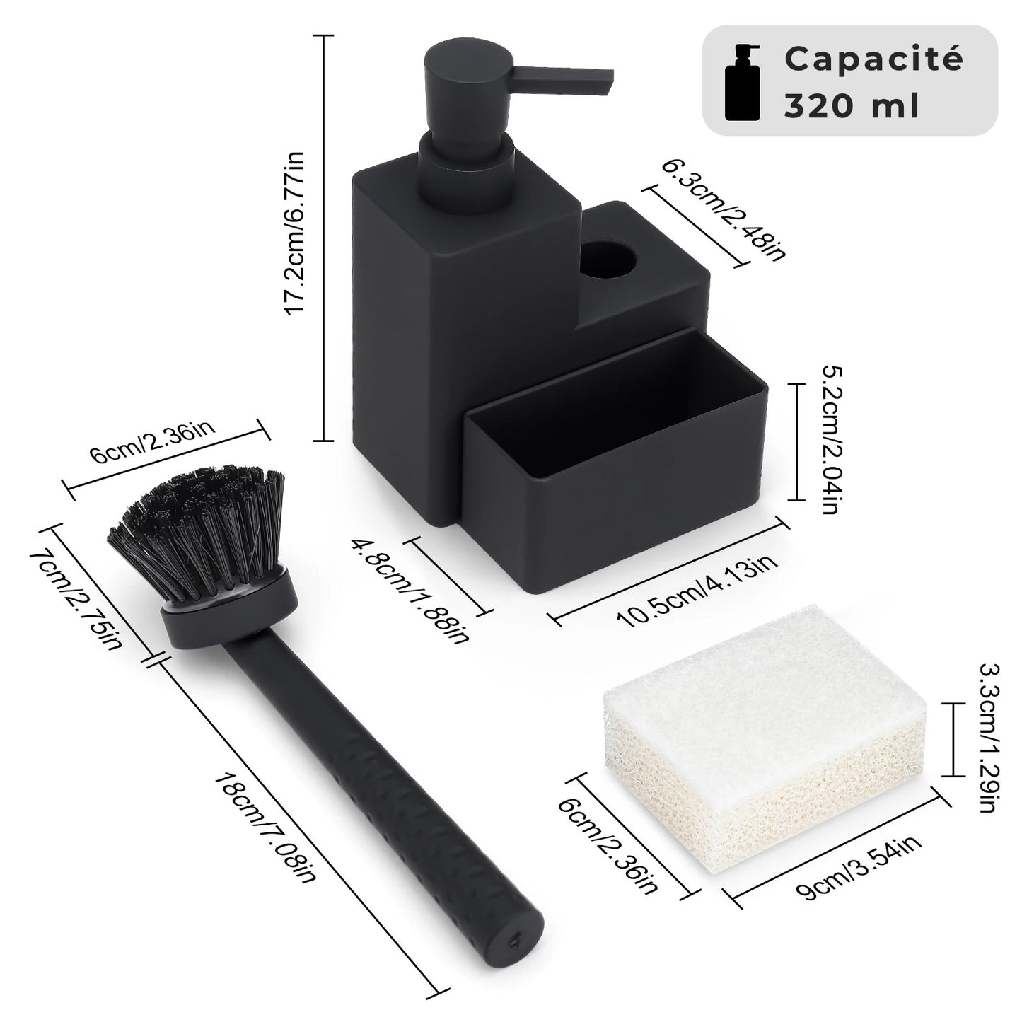 Dimension kit distributeur de savon porte éponge et brosse pour évier