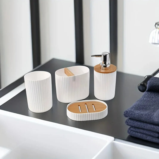 Set salle de bain 4 pièces blanc avec porte savon, ditributeur savon, porte brosse à dent et verre