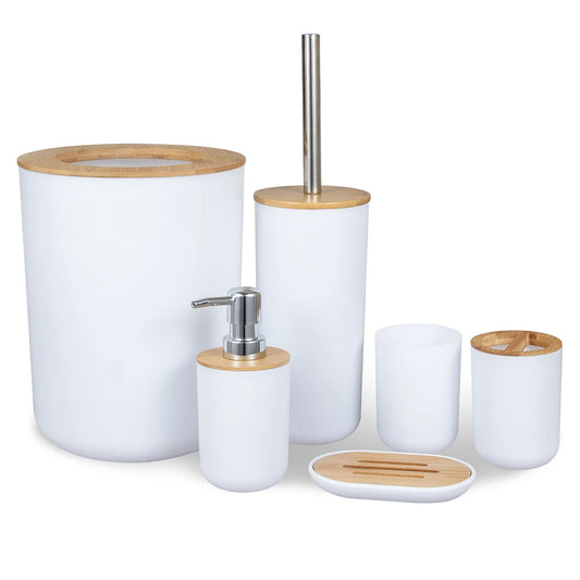 Set salle de bain avec poubelle, brosse WC, distributeur savon, porte dentifrice et porte savon blanc
