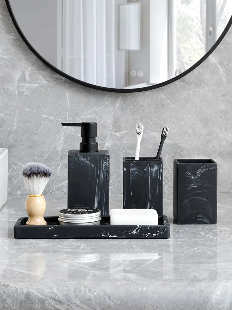 Set pour salle de bain noir avec porte savon distributeur savon porte brosse a dent