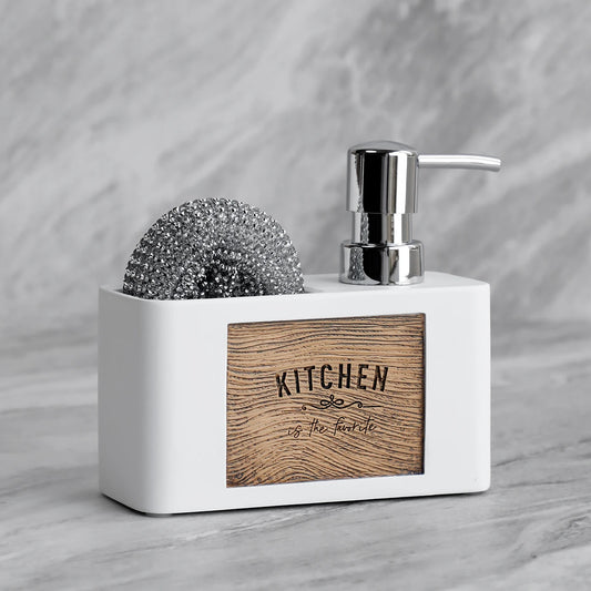 Image d'ambiance Porte éponge et distributeur de savon blanc avec étiquette