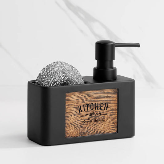 Image d'ambiance Porte éponge et distributeur de savon noir avec étiquette