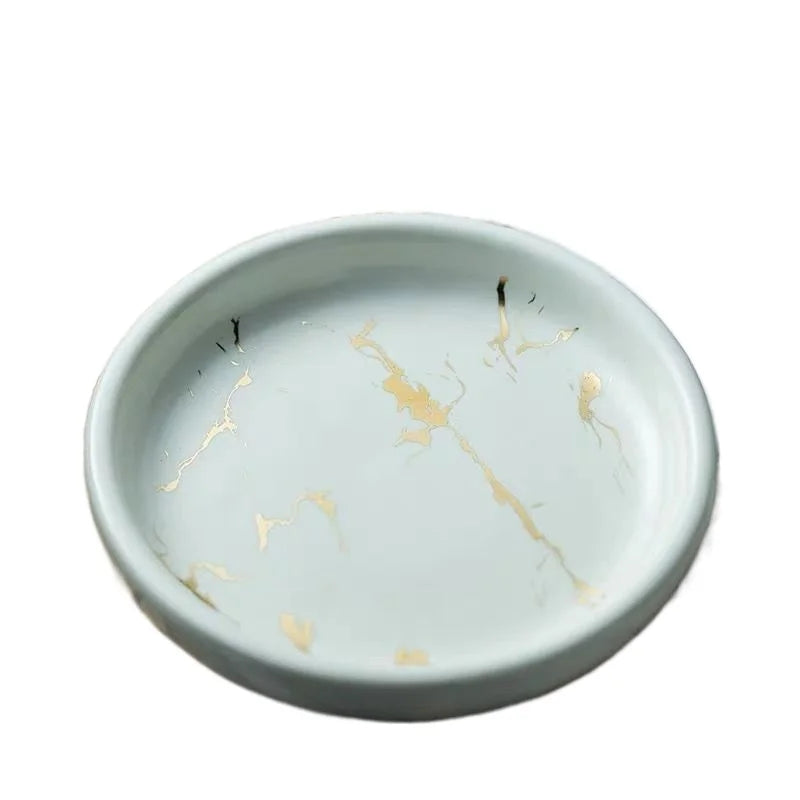 Porte savon céramique rond effet marbre blanc