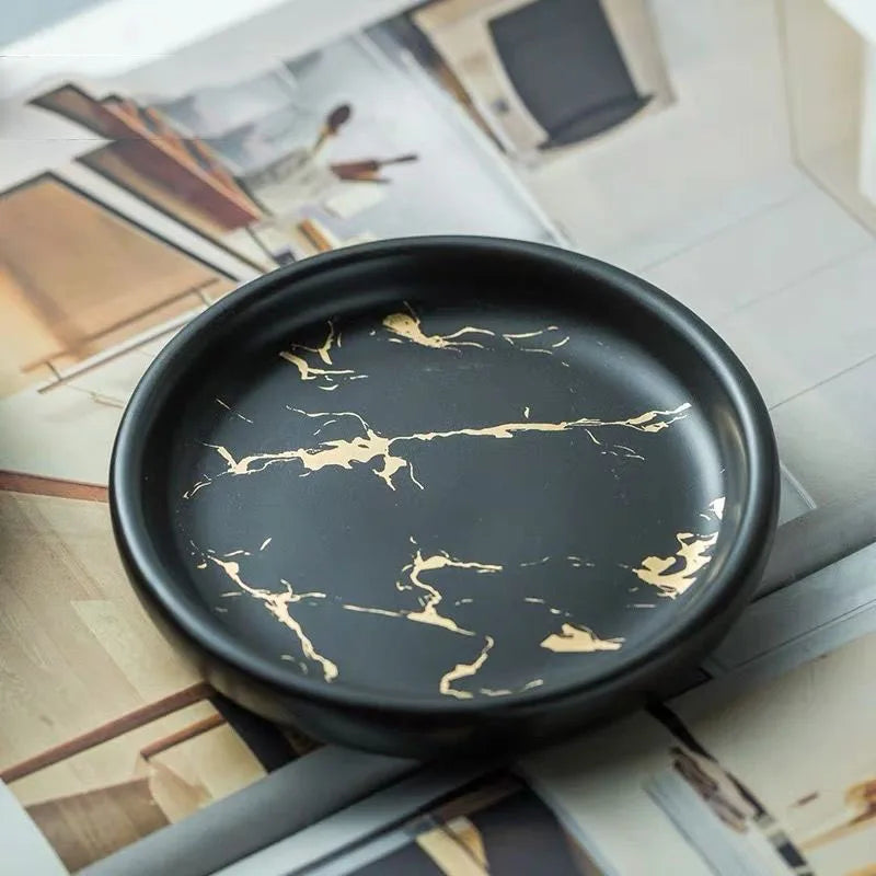Porte savon céramique rond effet marbre noir