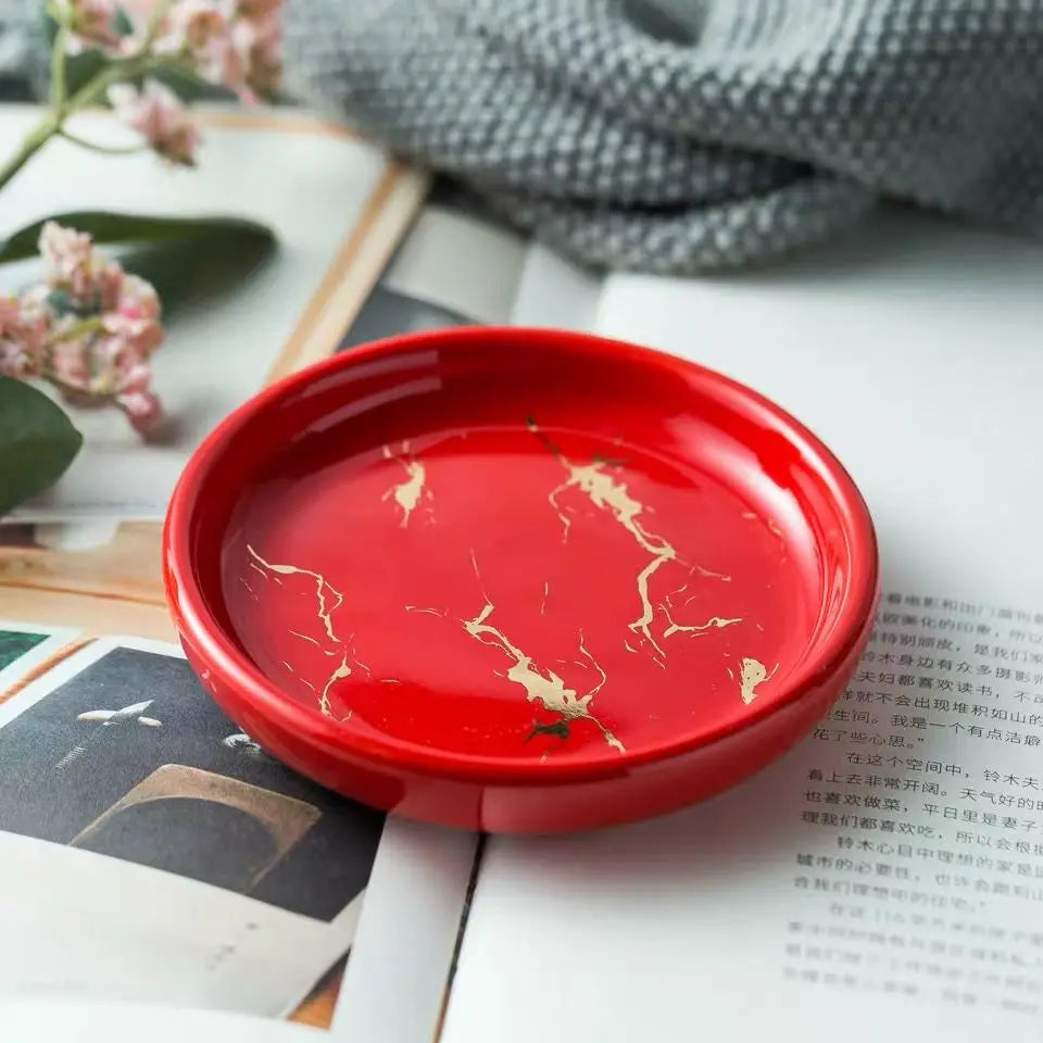 Porte savon céramique rond effet marbre rouge