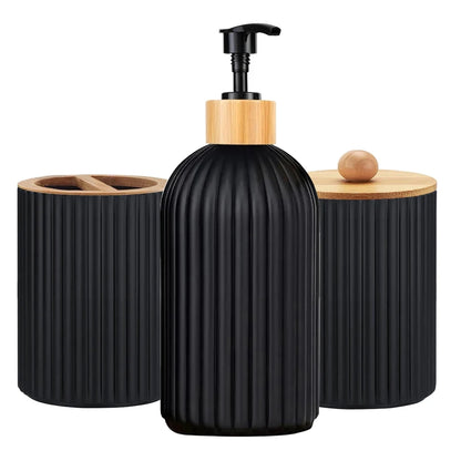 Set salle de bain 3 pièces noir avec distributeurs de savon, porte brosse à dent et pot avec couvercle.